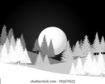 Vector illustration silhouette of Hand-drawn pines tree forest on full moon sky. Nature landscape background.