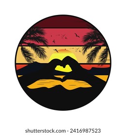 Vector illustration of silhouette hands forming a heart on the beach, at sunset in retro style inside a circle, suitable for t-shirts, stickers, etc