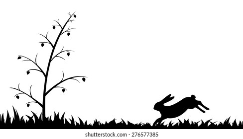 Vector illustration the silhouette of hare in the grass.