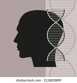 Vector illustration of silhouette of head and dna molecule