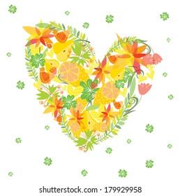 Vector illustration of silhouette of the heart with flowers, tendrils and leaves. 