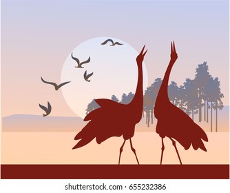 Vector illustration of a silhouette of a heron bird on the background of a river at sunrise