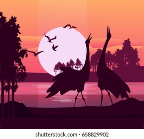 Vector illustration of a silhouette of a heron bird on the background of a river at sunrise
