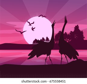 Vector illustration of a silhouette of a heron bird on the background of a river at sunrise