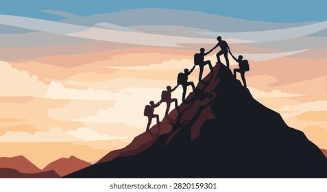 Vector illustration of silhouette hikers and mountain climbers helping each other ascend a steep rocky peak against a sunset sky, depicting teamwork and cooperation on a summit.