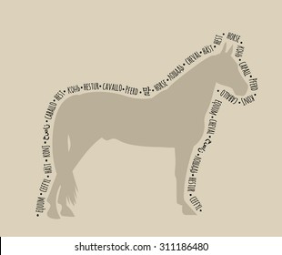 vector illustration silhouette of a horse with the name in different languages