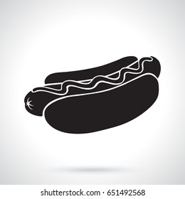 Vector illustration. Silhouette of hot dog with mustard. Unhealthy food. Patterns elements for menus, signboards, showcases, wallpapers