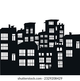 Vector illustration. Silhouette of houses with onami and roofs. Lights in the windows.