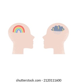 Vector illustration of a silhouette of a human head with a rainbow inside and a head in which clouds, rain and lightning. The concept of positive and negative attitudes. Working with thinking.