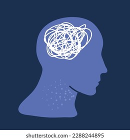 ?artoon vector illustration of Silhouette of human head with tangled line inside, like brain. Concept of chaotic thought process, confusion, personality disorder and depression over dark