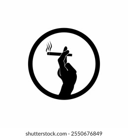 Vector illustration of silhouette icon of hand holding a lit cigarette, depicting smoking habit and lifestyle. Ideal for concepts around addiction, habits and social aspects of smoking.