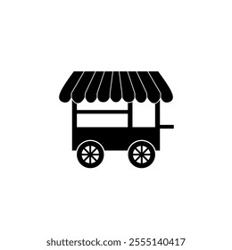 Vector illustration of silhouette icon of traditional market food cart with wheels and striped canopy. Ideal for illustrating street food, market and small business entrepreneurship concepts.