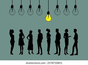 Vector illustration silhouette - idea and solution with illuminated light bulb and a group of people - think tank strategy and experts brainstorming