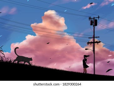 vector illustration of the silhouette of a Japanese girl student standing on the road in the countryside in the evening