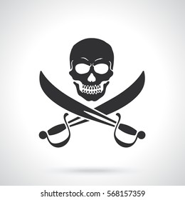 Vector illustration. Silhouette of Jolly Roger with crossed sabers. Template or pattern. Decoration for greeting cards, wallpapers, emblems