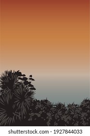vector illustration of the silhouette of a jungle in the shadow of the sunset 