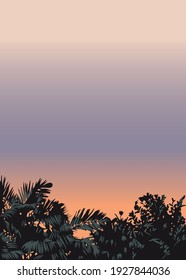 ilustración vectorial de la silueta de una jungla a la sombra de la puesta de sol 