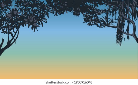 Vector illustration of the silhouette of a jungle and its shadow isolated in a sunset 