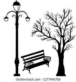 Vector illustration silhouette of landscape with tree, bench and streetlight