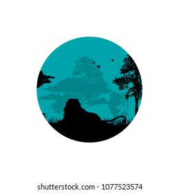 Vector illustration of a silhouette of a lion in the desert savanna