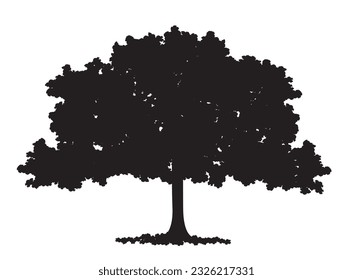 Vector illustration of a silhouette of lush, blossom tree, in black color,  isolated, on white background.