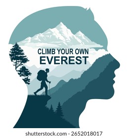 Vektorgrafik einer Silhouette eines Mannes mit Rucksack und Trekkingstöcken in den Bergen.