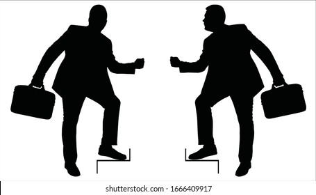 Vector illustration silhouette of a man with a briefcase. Businessman is in a hurry. One foot stands on the steps. Career. Competition. Achieve success. Black shadow isolated on a white background.