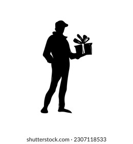 Vector illustration. Silhouette of a man with a gift in his hands. Minimalism.