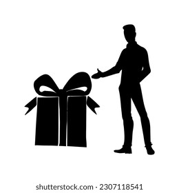 Vector illustration. Silhouette of a man with a gift in his hands. Minimalism.