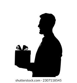 Vector illustration. Silhouette of a man with a gift in his hands. Minimalism.