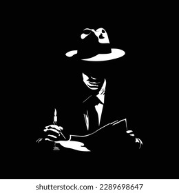 vector illustration of a silhouette of a man in a hat holding stationery and paper lit by a candle in the dark. great for wall decoration.businessman in the dark