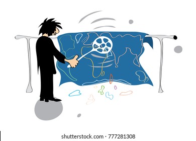 vector illustration with silhouette of a man like carving a carpet in the shape of world map on white background/ new world order