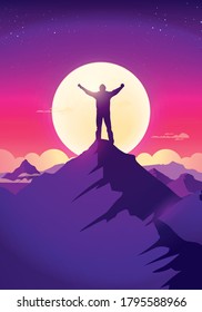 Vector Illustration Silhouette Of Man On Top Of Mountain. See Beautiful Sun And Landscape.