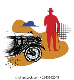 Vector illustration with a silhouette of a man and a retro car. The illustration contains abstract objects. Sketch style.