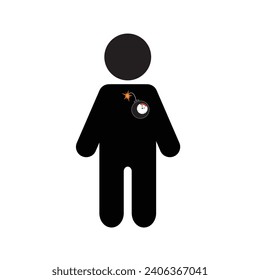 Ilustración vectorial de un hombre de silueta con bomba de tiempo en el corazón