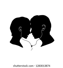 vector illustration of a silhouette of a man and a woman, a couple in love listening to music in headphones,Icon Isolated on White Background 