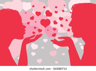 Vector illustration. Silhouette of man and woman with a heart on the hands. St. Valentine's Day.