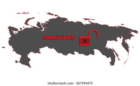 Vector illustration. Silhouette of a map of Russia. Caption sanctions and open the lock. It symbolizes lifting of sanctions. Isolated on white background.