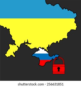 Vector illustration. Silhouette map of the Ukraine and Crimea area under padlock.