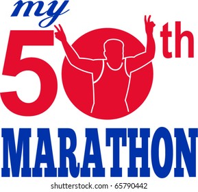 vector illustration of a silhouette of Marathon runner flashing victory hand sign done in retro style set inside circle with words my 50th marathon