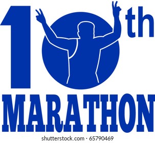 vector illustration of a silhouette of Marathon runner flashing victory hand sign done in retro style set inside circle with words 10th marathon