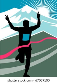vector illustration of a silhouette of Marathon runner flashing victory hand sign done in retro style with mountains and sunburst and finish line ribbon tape