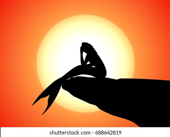 Vector illustration of a silhouette of a mermaid sitting on a rock. A girl with a fish tail sits at the sunset on a precipice.