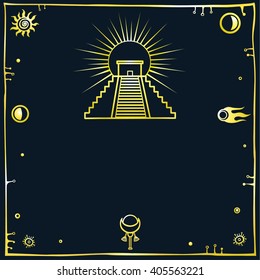 Vector illustration: a silhouette of the Mexican pyramid on a black background. Gold imitation.