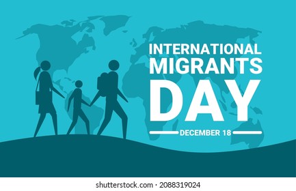 Vector Illustration, Silhouette Of Migrant Family Walking On World Map Background, As International Migrant Day Banner Or Poster.