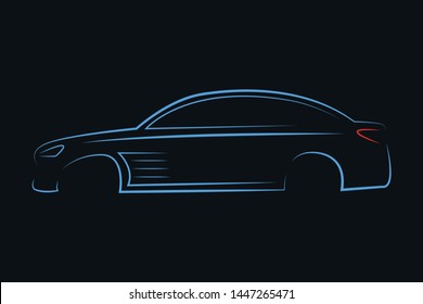Vector illustration of a silhouette of a modern car side view in neon style. Auto logo