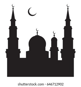 Vector illustration of a silhouette of a mosque and crescent above it, a flat style.