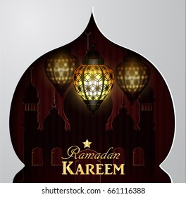 Vector illustration Silhouette of mosque and  lights on dark background in paper window