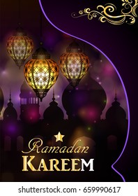 Vector illustration Silhouette of mosque and magic glass lights on dark background in paper window with arabic swirls