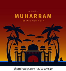 vector illustration Silhouette of a mosque on the beach for Islamic day greetings, Islamic New Year